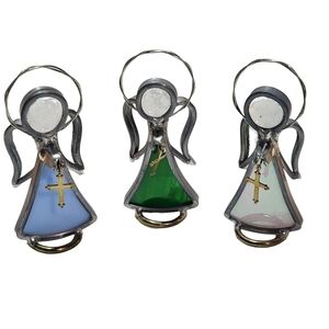 Pewter and Glass tiny Angels holding Goldtone Cross Pink Green Blue